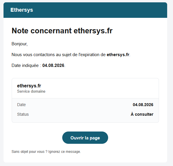 Exemple d’email frauduleux se faisant passer pour Ethersys, demandant le paiement du renouvellement d’un nom de domaine