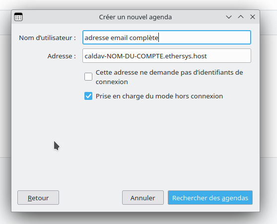 Renseigner l&rsquo;adresse caldav