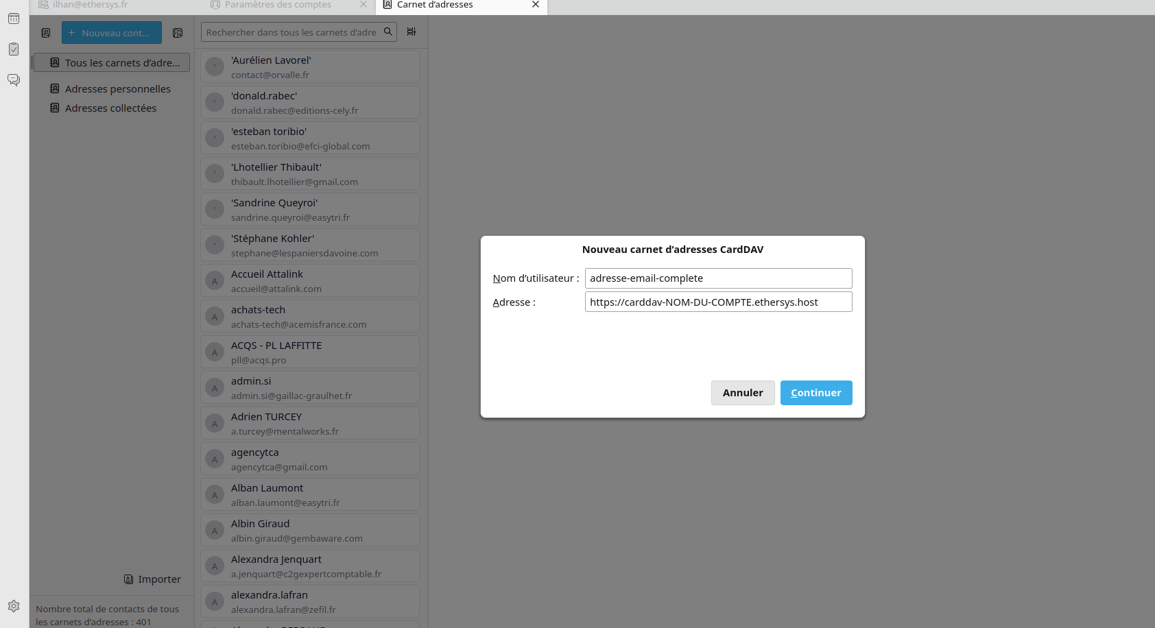 Renseigner l&rsquo;adresse cardav