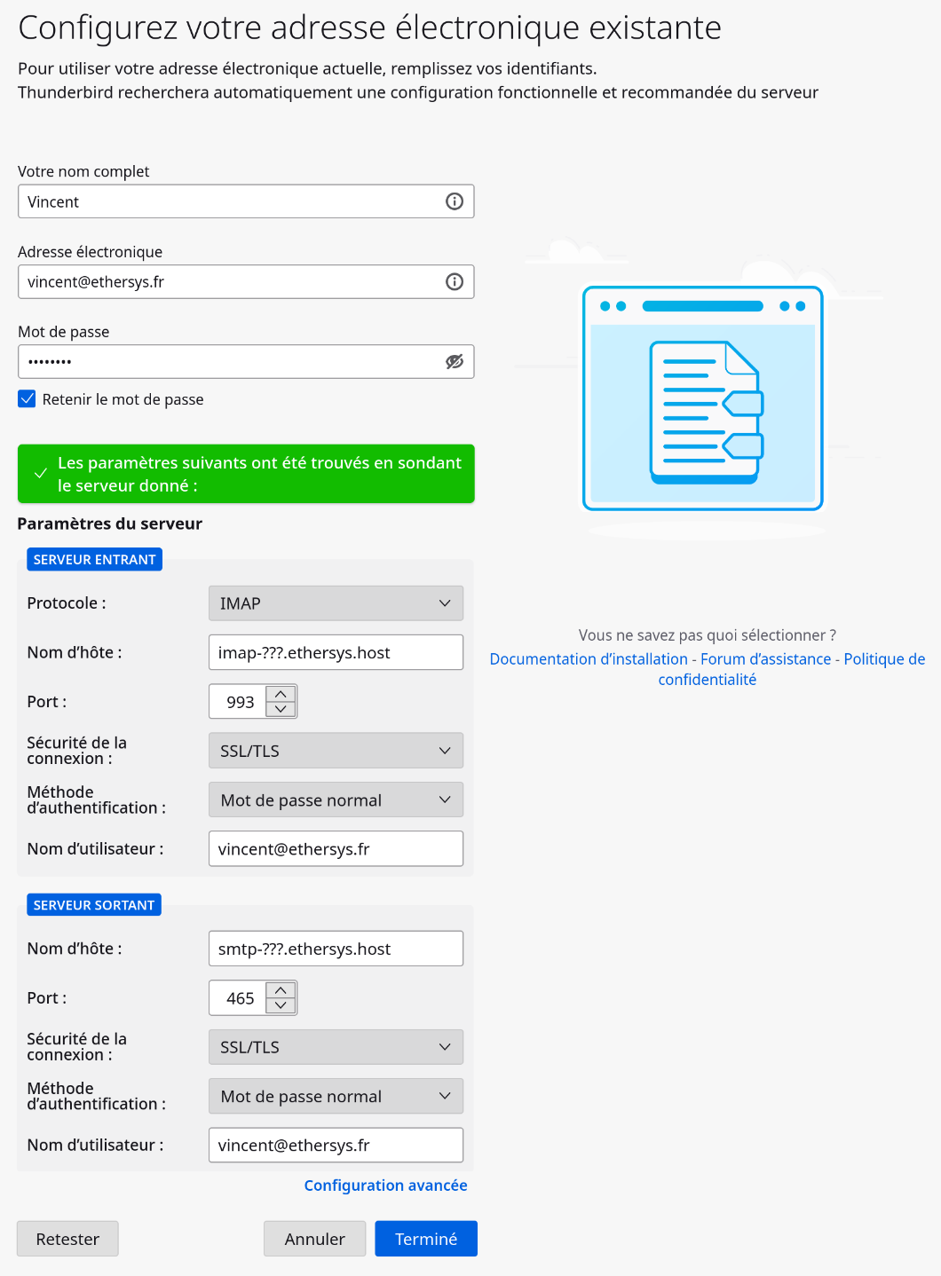 fenêtre config reception Thunderbird