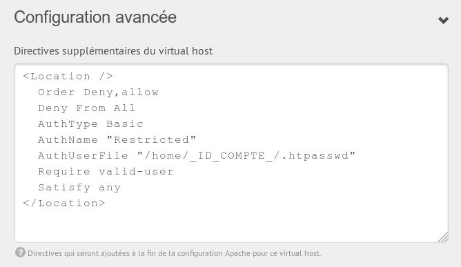 Directives supplémentaires du virtual host